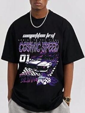 ROMWE Black Tee with Purple and Pink Racing Graphic